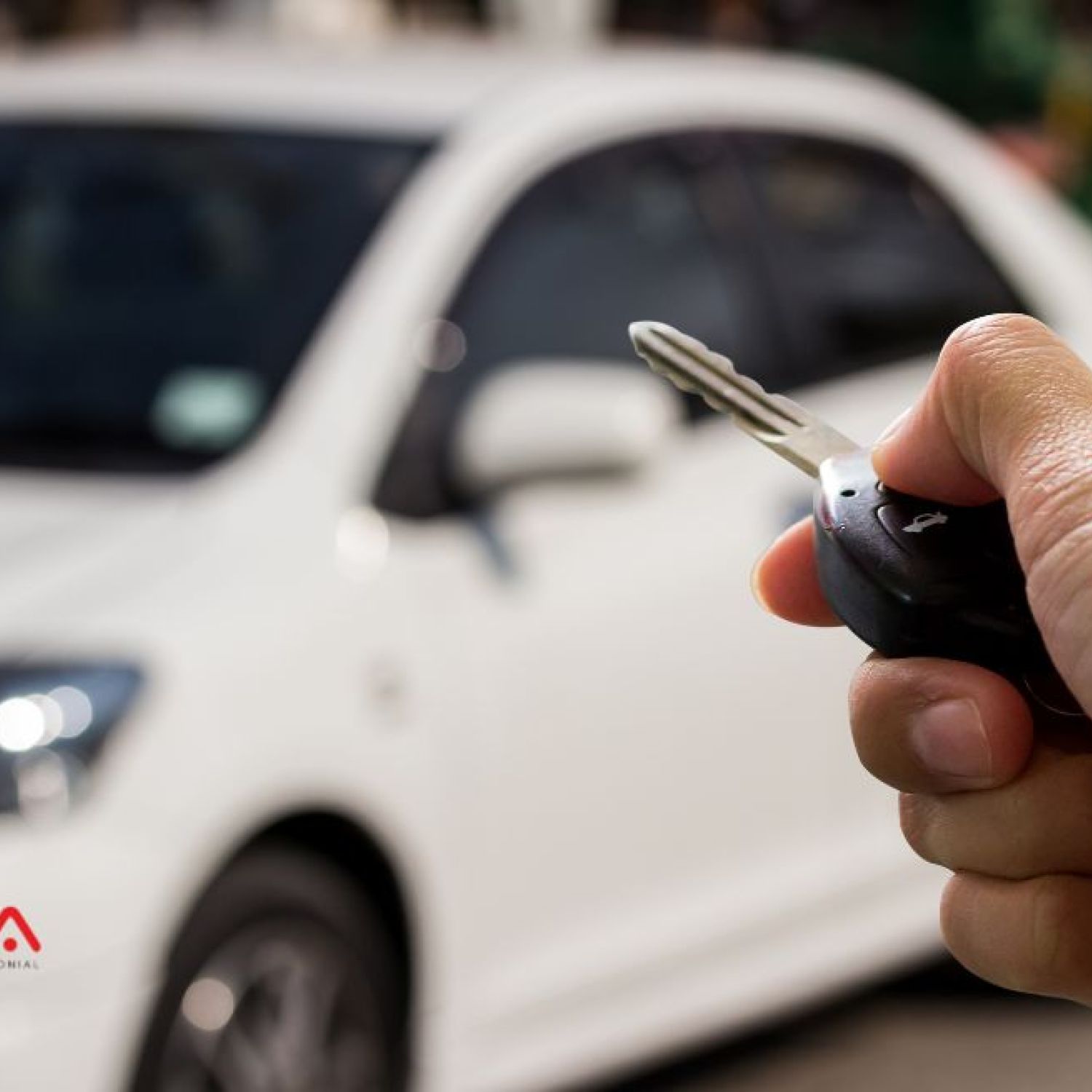 Pessoa segurando uma chave de carro, apontando para um carro branco